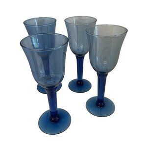 Vintage Blue Glass‎ Goblets Set Of 4 Elegant Wine Glasses
